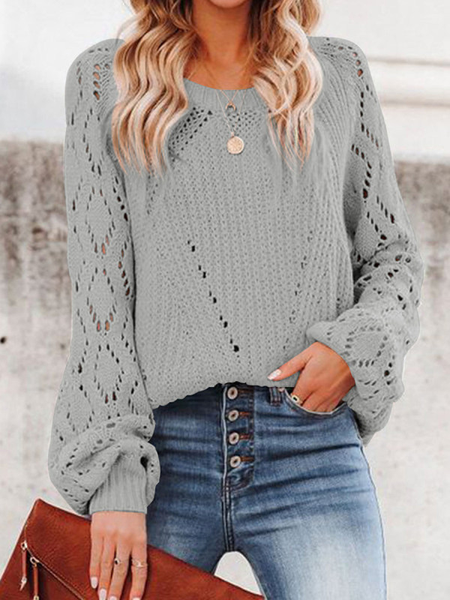 

Autumn/Winter Solid Color Loosen Hollow Pattern Round Neck Sweater, Gray, Sweaters