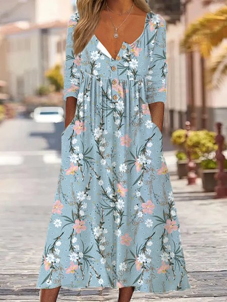 

Floral Loose Crew Neck Dress, Blue, Dresses