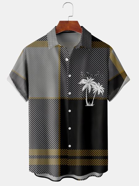 

Mens Coconut Tree Check Print Front Buttons Soft Breathable Chest Pocket Casual Hawaiian Shirts, Gray, Short Sleeve Shirts
