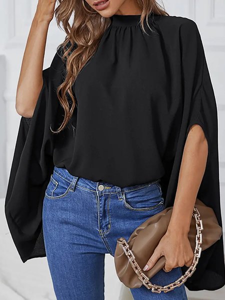 

Black Batwing Sleeve Loose Stand Collar Elegant Plain Top, Blouses and Shirts