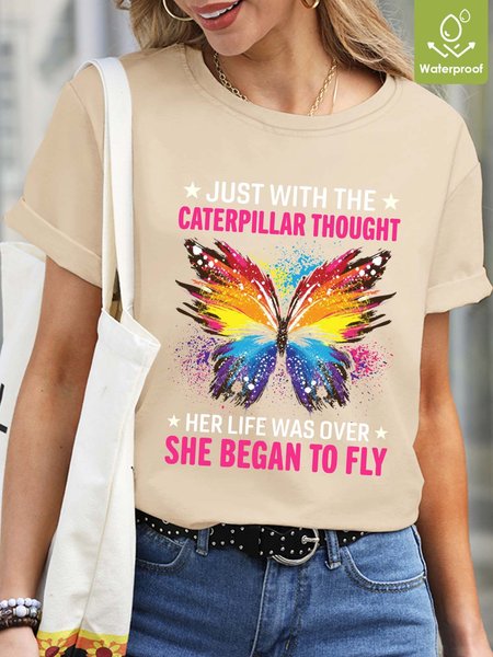 

Women Butterfly Letters Waterproof Oilproof Stainproof Fabric Loose Casual Crew Neck T-Shirt, Apricot, T-shirts