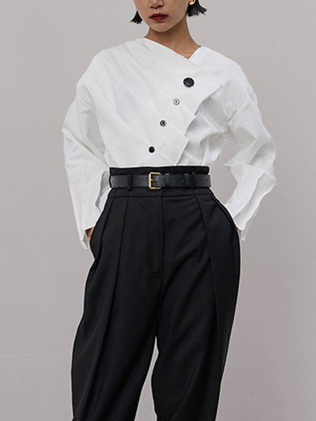 

Asymmetrical Loosen Daily Long Sleeve Plain Blouse, White, Blouses and Shirts