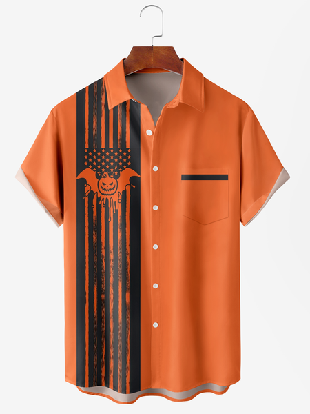 Men's Halloween Skull Print Moisture Wicking Fabric Fashion Lapel Short Sleeve Shirts, Orange, Short Sleeve Shirts
