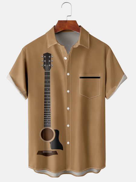 

Men's Music Art Print Casual Breathable Hawaiian Short Sleeve Shirt, Khaki, Short Sleeve Shirts