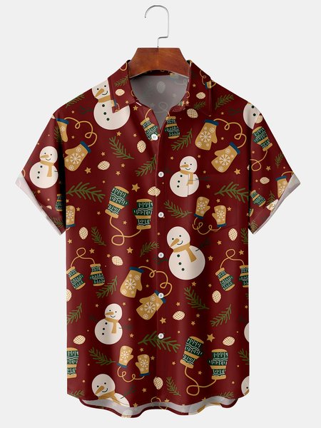 

Men's New Christmas Snowman Print Casual Breathable Hawaiian Short Sleeve Shirt, Red, Short Sleeve Shirts