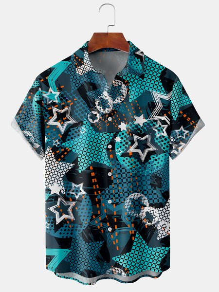 

Men's New Geometric Print Casual Breathable Hawaiian Short Sleeve Shirt, Blue, Short Sleeve Shirts
