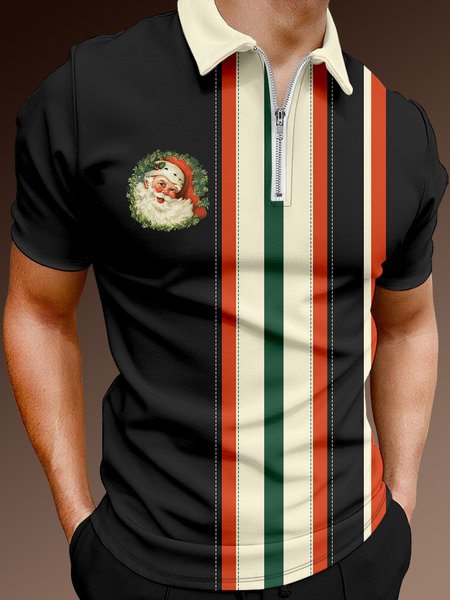 

Casual Festive Collection Geometric Striped Color Block Santa Claus Pattern Lapel Short Sleeve Polo Print Top, Black, Men's t-shirts