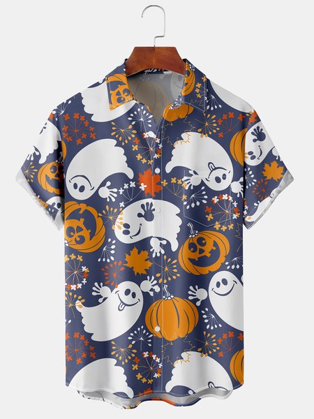 

Men's Halloween Pumpkin and Ghost Print Casual Breathable Hawaiian Short Sleeve Shirt, Blue, Short Sleeve Shirts