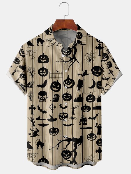 

Men's Halloween Print Casual Breathable Hawaiian Short Sleeve Shirt, Light khaki, Short Sleeve Shirts