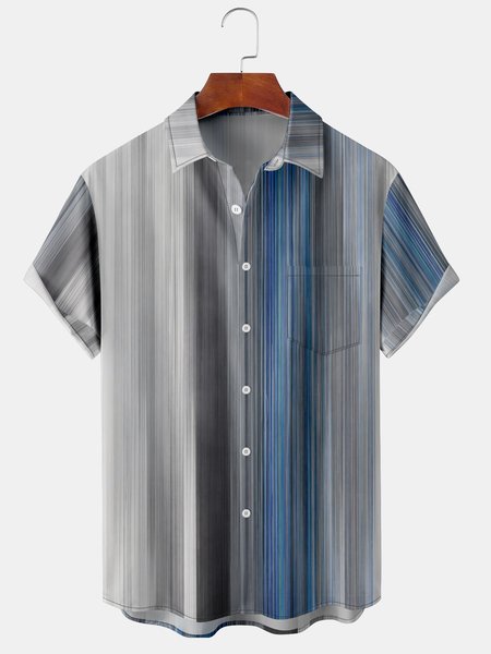 

Geometric Stripes Chest Pocket Short Sleeve Shirt, Gray, Men Shirts