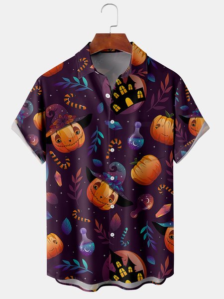 

Men's Halloween Element Print Short Sleeve Shirt, Purple, Short Sleeve Shirts
