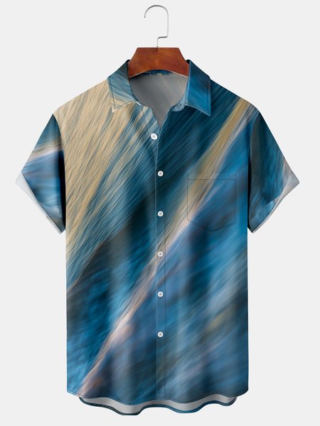 

Geometric Stripes Chest Pocket Short Sleeve Shirt, Blue, Men Shirts