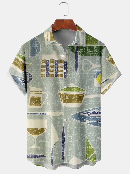 

Men's Art Geometric Print Casual Breathable Hawaiian Short Sleeve Shirt, Green, Short Sleeve Shirts