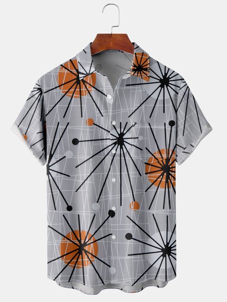 

Mens Retro50s Geo Print Front Buttons Soft Breathable Chest Pocket Casual Hawaiian Shirts, Gray, Short Sleeve Shirts