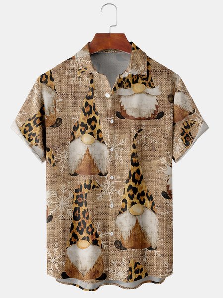 

Casual Festive Collection Retro Christmas Gnome Element Pattern Lapel Short Sleeve Shirt Print Top, Khaki, Shirts ＆ Blouse