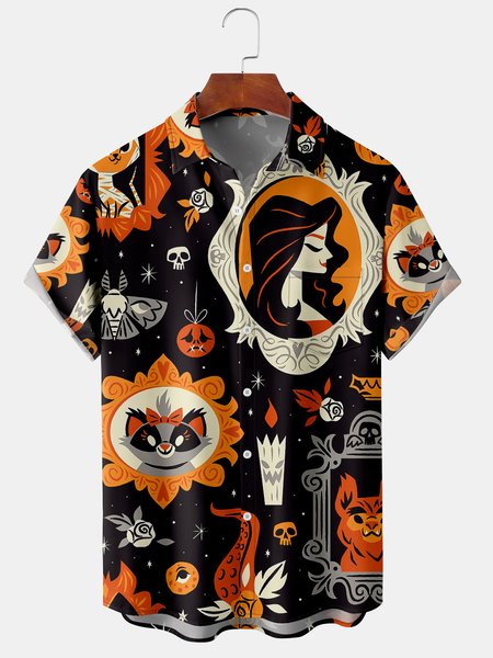 

Men's Halloween Print Casual Breathable Hawaiian Short Sleeve Shirt, Black, Short Sleeve Shirts