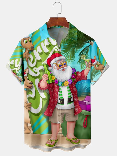 

Men's Beach Santa Print Casual Breathable Hawaiian Short Sleeve Shirt, Green, Short Sleeve Shirts