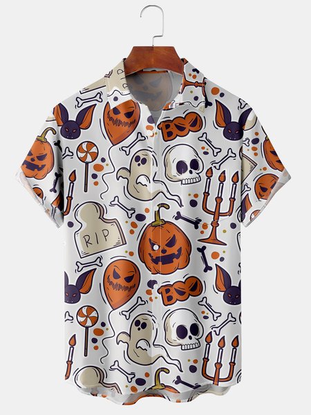 

Men's Halloween Pumpkin and Ghost Print Casual Breathable Hawaiian Short Sleeve Shirt, White, Short Sleeve Shirts