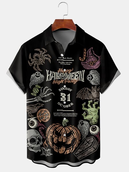 

Men's Halloween Pumpkin Graphic Print Short Sleeve Shirt, Black, Short Sleeve Shirts