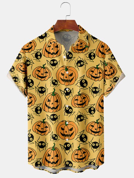 

Men's Halloween Pumpkin Graphic Print Short Sleeve Shirt, Yellow, Short Sleeve Shirts