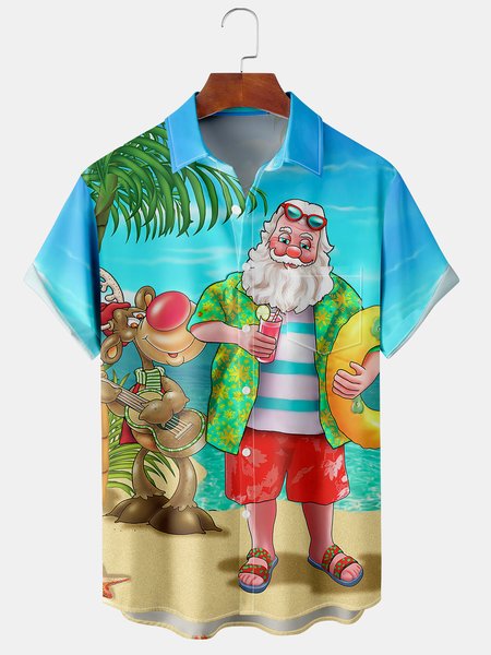 

Men's Beach Santa Print Casual Breathable Hawaiian Short Sleeve Shirt, Blue, Short Sleeve Shirts