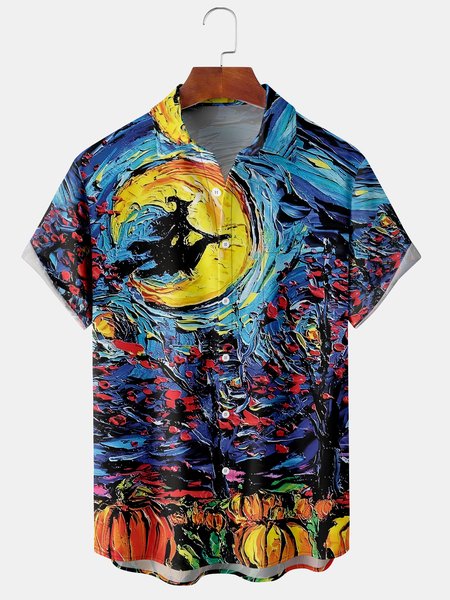 

Mens Halloween Painting Print Front Buttons Soft Breathable Chest Pocket Casual Hawaiian Shirt, Blue, Short Sleeve Shirts