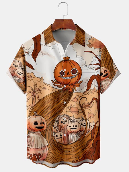 

Men's Halloween Pumpkin Print Fashion Lapel Short Sleeve Hawaiian Shirt, Yellow, Short Sleeve Shirts