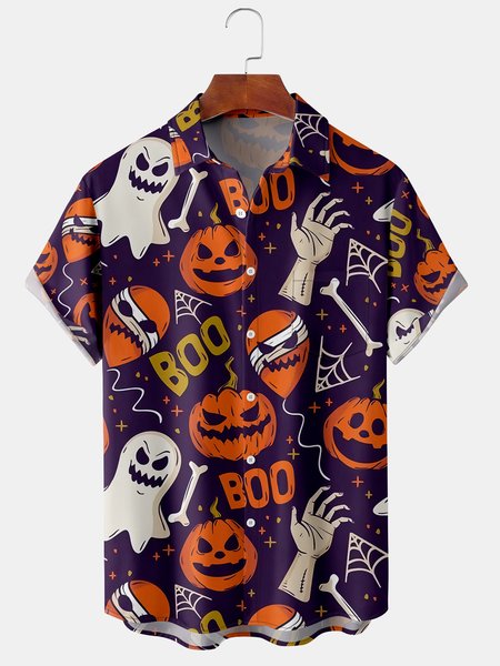Men's Halloween Pumpkin and Ghost Print Casual Breathable Hawaiian Short Sleeve Shirt, Purple, Short Sleeve Shirts