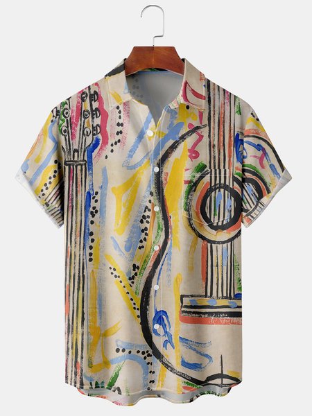 

Men's Music Element Print Short Sleeve Shirt, Apricot, Short Sleeve Shirts