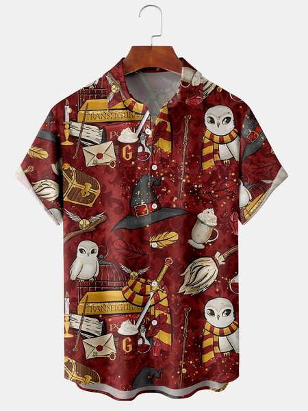 

Men's Halloween Print Fashion Lapel Short Sleeve Hawaiian Shirt, Red, Short Sleeve Shirts
