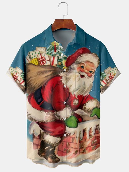 

Mens Retro Christmas Santa Print Front Buttons Soft Breathable Chest Pocket Casual Hawaiian Shirt, Blue, Short Sleeve Shirts