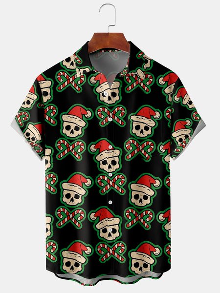 

Men's New Christmas Skull Print Casual Breathable Hawaiian Short Sleeve Shirt, Black, Short Sleeve Shirts