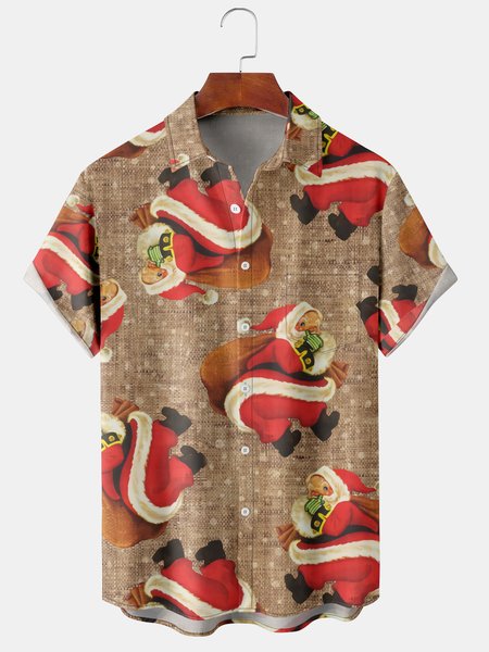 

Casual Style Holiday Series Retro Christmas Santa Claus Element Pattern Lapel Short-Sleeved Shirt Print Top, Khaki, Shirts ＆ Blouse