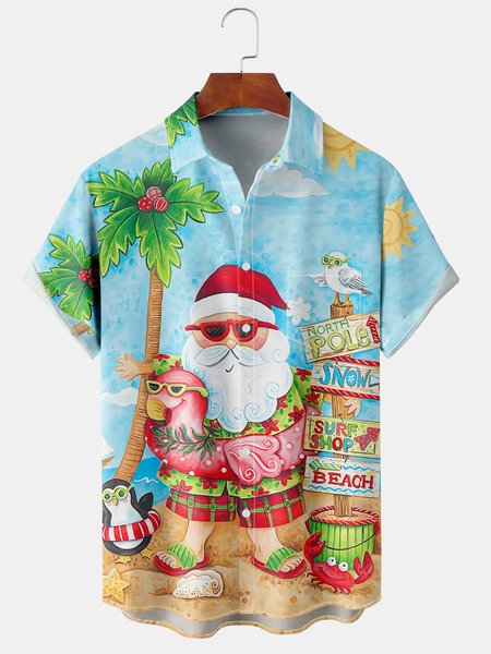 

Mens Christmas Santa Surfing Print Front Buttons Short Sleeve Shirt Chest Pocket Casual Hawaiian Top, Blue, Short Sleeve Shirts