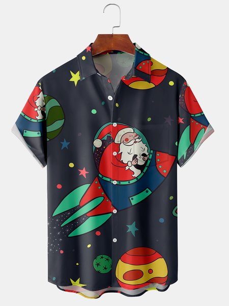 

Men's New Space Santa Print Casual Breathable Hawaiian Short Sleeve Shirt, Blue, Short Sleeve Shirts