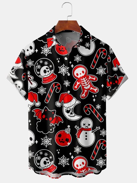 

Men's New Christmas Skull Print Casual Breathable Hawaiian Short Sleeve Shirt, Black, Short Sleeve Shirts