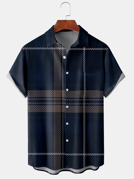 

Mens Casual Check Print Front Buttons Soft Breathable Chest Pocket Casual Hawaiian Shirts, Blue, Short Sleeve Shirts