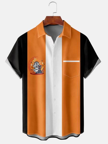 

Men's Halloween Black Cat Print Casual Breathable Hawaiian Short Sleeve Shirt, Black-orange, Short Sleeve Shirts