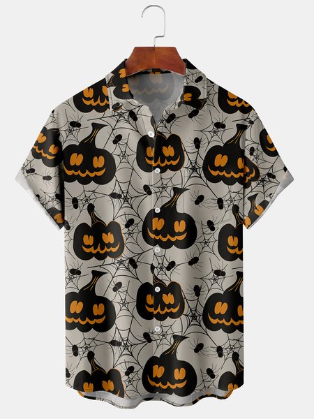 

Men's Halloween Pumpkin Graphic Print Short Sleeve Shirt, Khaki, Short Sleeve Shirts