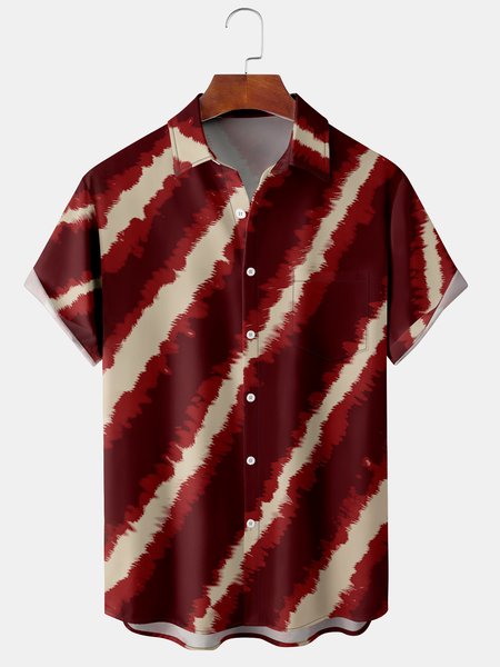 

Geometric Stripes Chest Pocket Short Sleeve Shirt, Red, Men Shirts