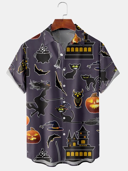 

Men's Halloween Print Casual Breathable Hawaiian Short Sleeve Shirt, Gray purple, Short Sleeve Shirts