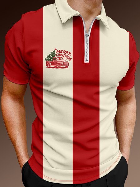 

Casual Festive Collection Geometric Striped Color Block Christmas Car Element Pattern Lapel Short Sleeve Polo Print Top, Red, Polos