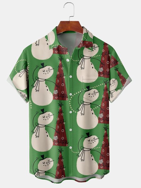 

Casual Style Holiday Series Retro Christmas Snowman And Christmas Tree Elements Pattern Lapel Short-Sleeved Shirt Print Top, Green, Short Sleeve Shirts