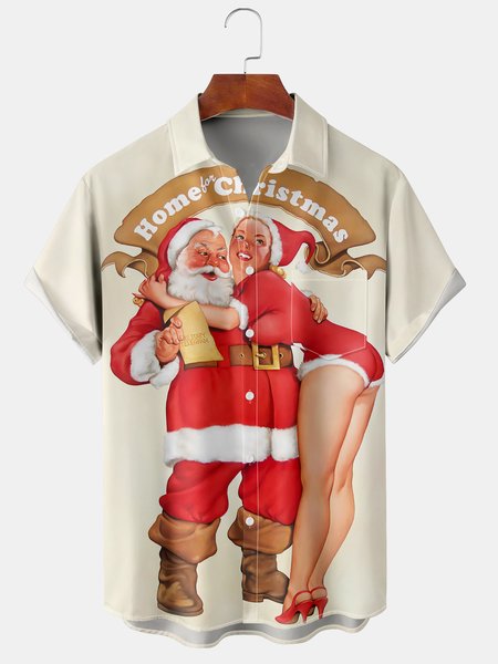

Men's New Ladies and Santa Print Casual Breathable Hawaiian Short Sleeve Shirt, Apricot, Short Sleeve Shirts