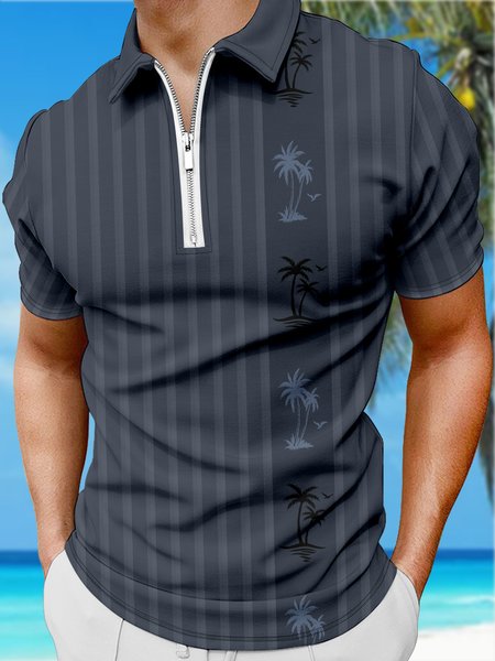 

Resort Hawaiian Striped Geometric Coconut Tree Pattern Lapel Short Sleeve Polo Print Top, Navyblue, Men's t-shirts