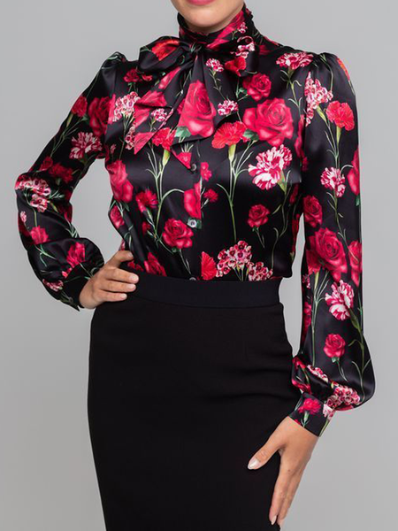 

Autumn Long sleeve H-Line Elegant show thin romantic flower Tops, Red, Blouses and Shirts
