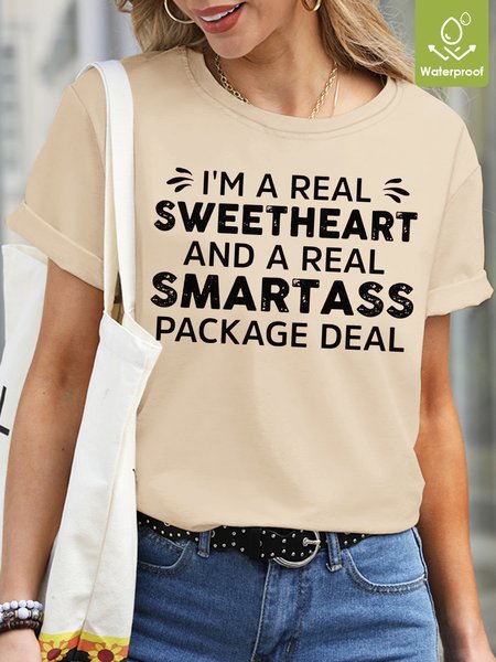 

Womens I'm A Real Sweetheart And A Real Smartass Waterproof Oilproof And Stainproof Fabric Casual Crew Neck T-Shirt, Apricot, T-shirts