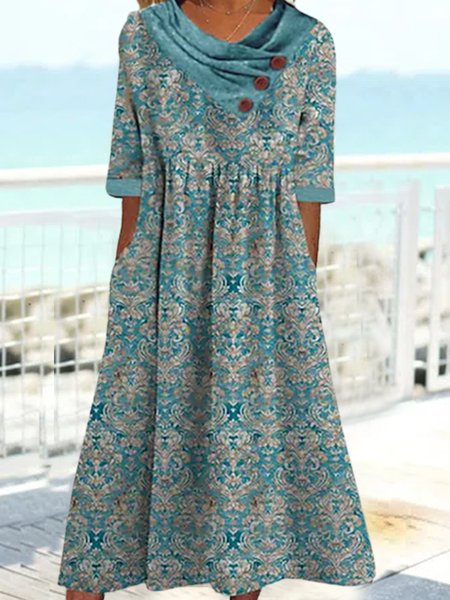 

Loose Crew Neck Vintage Dress, Multicolor, Dresses