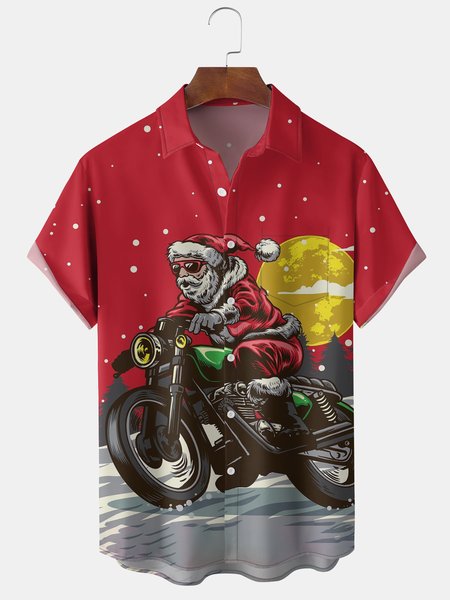 

Men's Santa Print Casual Short Sleeve Shirt with Breast Pocket, Red, Short Sleeve Shirts