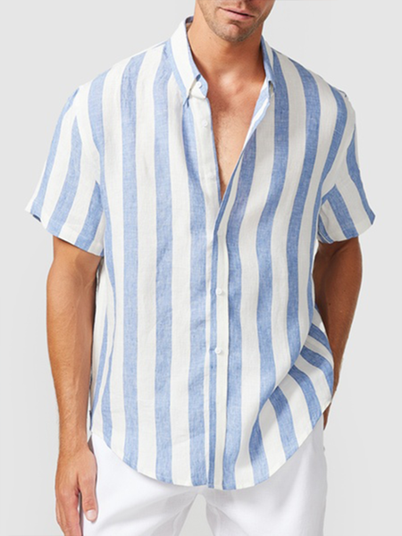 

Cotton Linen Style American Casual Striped Versatile Linen Shirt, As picture, Short Sleeve Shirts